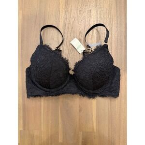 Aerie Black Lace Plunge Bra Padded Underwire Eyelash Trim 34C 4898-073